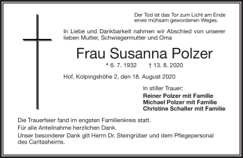 Traueranzeige von Susanna Polzer von Frankenpost