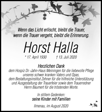 Traueranzeige von Horst Halla von Südthüringer Presse