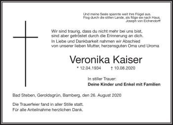 Traueranzeige von Veronika Kaiser von Frankenpost