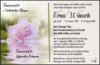Traueranzeige von Erna Wünsch von Südthüringer Presse