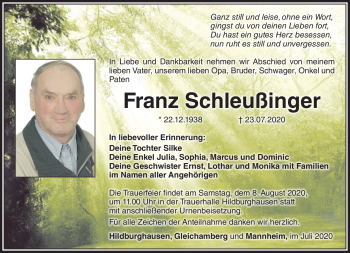 Traueranzeige von Franz Schleußinger von Südthüringer Presse