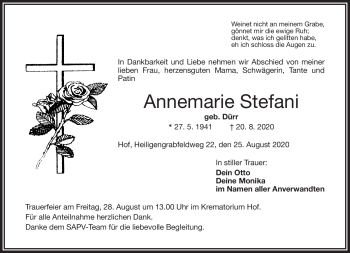 Traueranzeige von Annemarie Stefani von Frankenpost