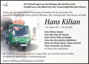 Traueranzeige von Hans Kilian von Südthüringer Presse