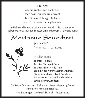 Traueranzeige von Marianne Sauberbrei von Südthüringer Presse