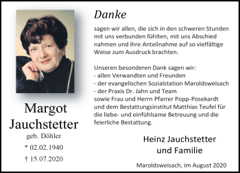Traueranzeige von Margot Jauchstetter von Neue Presse Coburg