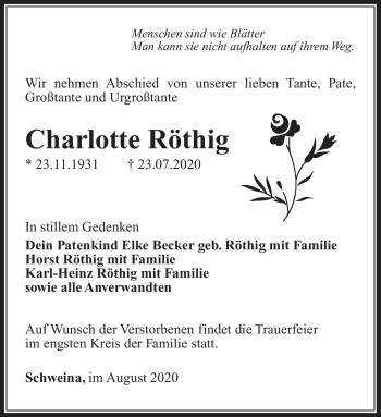 Traueranzeige von Charlotte Röthig von Südthüringer Presse