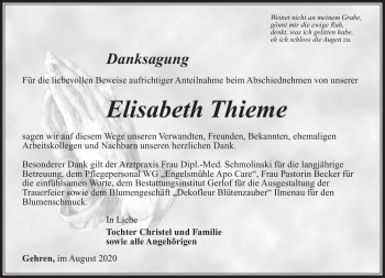 Traueranzeige von Elisabeth Thieme von Südthüringer Presse