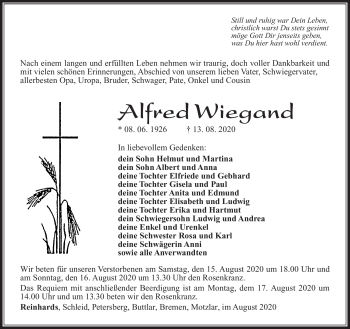 Traueranzeige von Alfred Wiegand von Südthüringer Presse