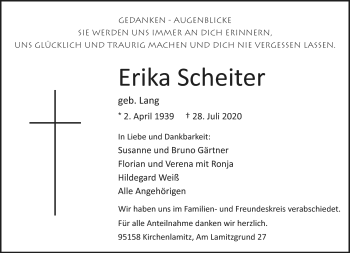 Traueranzeige von Erika Scheiter von Frankenpost