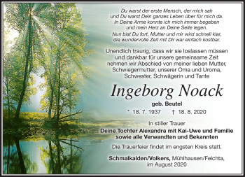 Traueranzeige von Ingeborg Noack von Südthüringer Presse