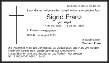 Traueranzeige von Sigrid Franz von Frankenpost