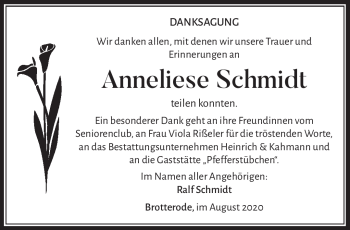 Traueranzeige von Anneliese Schmidt von Südthüringer Presse