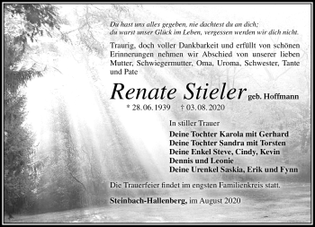 Traueranzeige von Renate Stieler von Südthüringer Presse