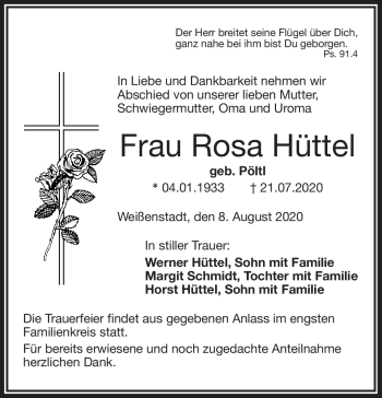 Traueranzeige von Rosa Hüttel von Frankenpost
