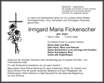 Traueranzeige von Irmgard Fickenscher von Frankenpost