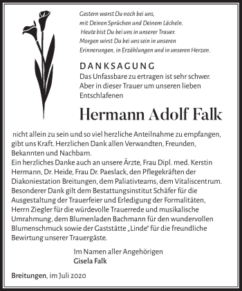 Traueranzeige von Hermann Adolf Falk von Südthüringer Presse