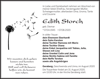 Traueranzeige von Edith Storch von Südthüringer Presse