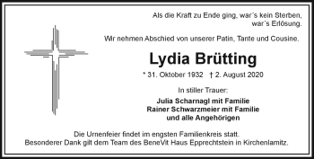 Traueranzeige von Lydia Brütting von Frankenpost
