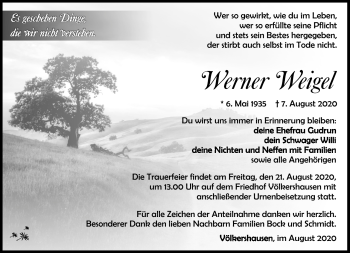 Traueranzeige von Werner Weigel von Südthüringer Presse