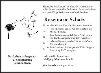 Traueranzeige von Rosemarie Schatz von Südthüringer Presse