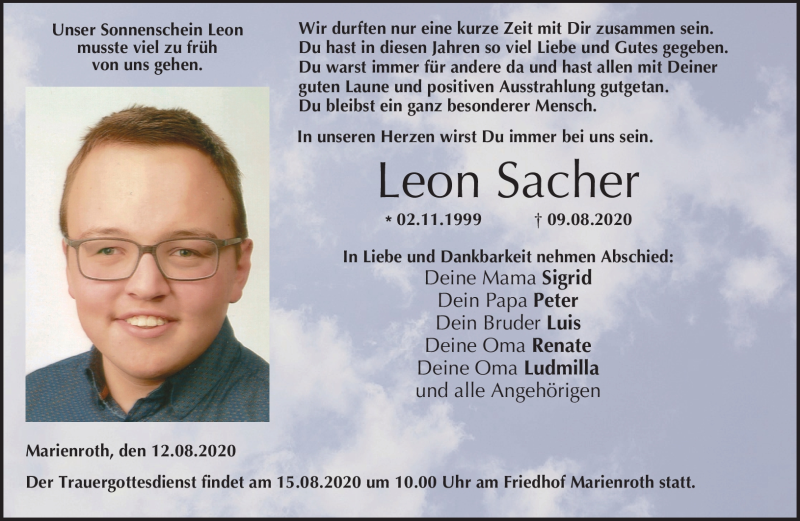  Traueranzeige für Leon Sacher vom 12.08.2020 aus Neue Presse Coburg
