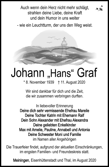 Traueranzeige von Johann Graf von Südthüringer Presse