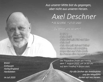 Traueranzeige von Axel Deschner von Südthüringer Presse