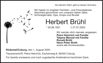 Traueranzeige von Herbert Brühl von Neue Presse Coburg