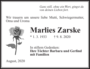 Traueranzeige von Marlies Zarske von Südthüringer Presse