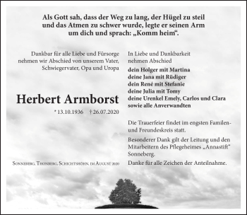 Traueranzeige von Herbert Armborst von Südthüringer Presse