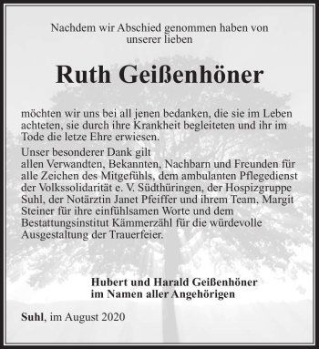 Traueranzeige von Ruth Geißenhöner von Südthüringer Presse