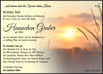 Traueranzeige von Hannchen Gruber von Südthüringer Presse