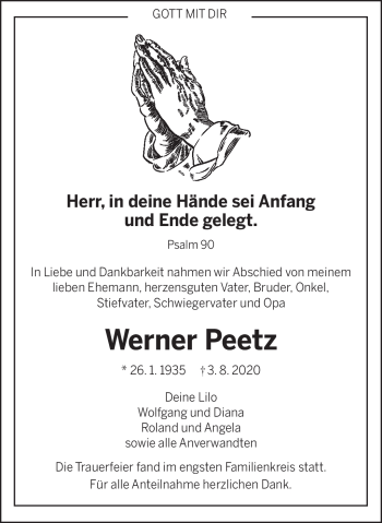 Traueranzeige von Werner Peetz von Frankenpost