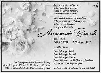 Traueranzeige von Annemarie Brandt von Südthüringer Presse