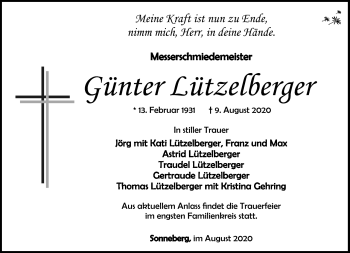 Traueranzeige von Günter Lützelberger von Südthüringer Presse
