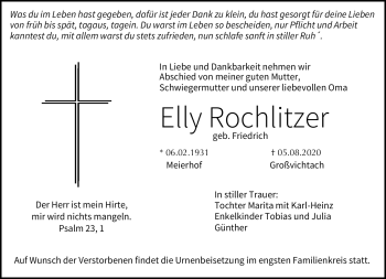 Traueranzeige von Elly Rochlitzer von Neue Presse Coburg