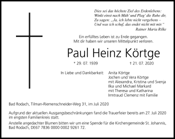 Traueranzeige von Paul Heinz Körtge von Neue Presse Coburg