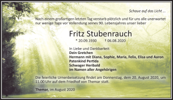 Traueranzeige von Fritz Stubenrauch von Südthüringer Presse