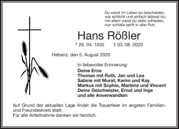 Traueranzeige von Hans Rößler von Frankenpost