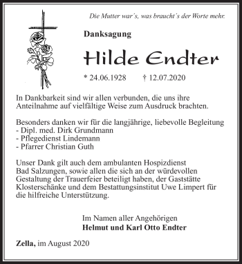Traueranzeige von Hilde Endter von Südthüringer Presse