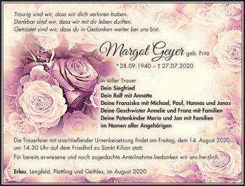 Traueranzeige von Margot Geyer von Südthüringer Presse