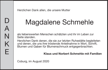 Traueranzeige von Magdalene Schmehle von Neue Presse Coburg