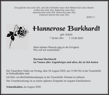 Traueranzeige von Johanna-Rosina Burkhardt von Südthüringer Presse