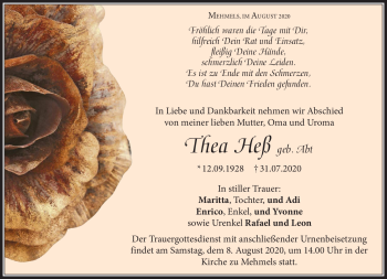 Traueranzeige von Thea Heß von Südthüringer Presse