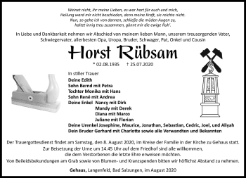 Traueranzeige von Horst Rübsam von Südthüringer Presse
