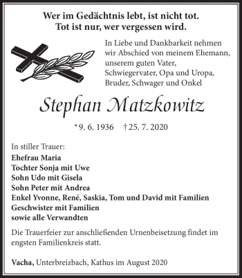 Traueranzeige von Stephan Matzkowitz von Südthüringer Presse