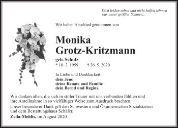 Traueranzeige von Monika Grotz-Kritzmann von Südthüringer Presse