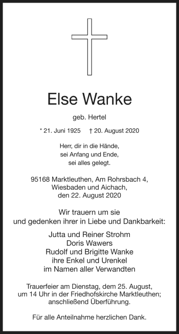 Traueranzeige von Else Wanke von Frankenpost