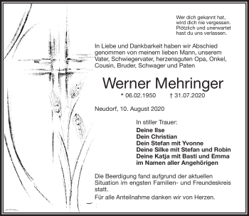 Traueranzeige von Werner Mehringer von Frankenpost