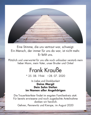 Traueranzeige von Frank Krauße von Südthüringer Presse